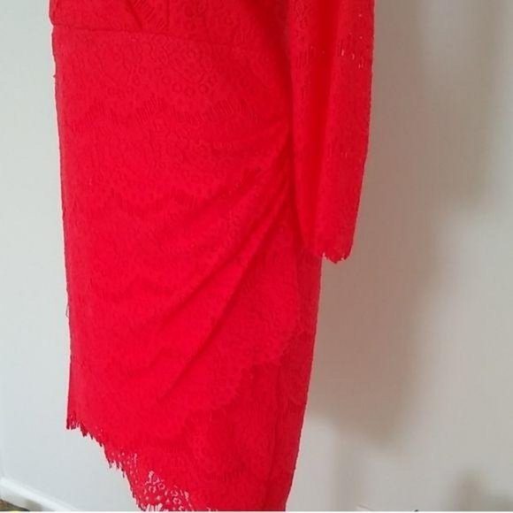 Guess Lace Dress Fitted Keyhole Back Orange Coral - Picture 6 of 7